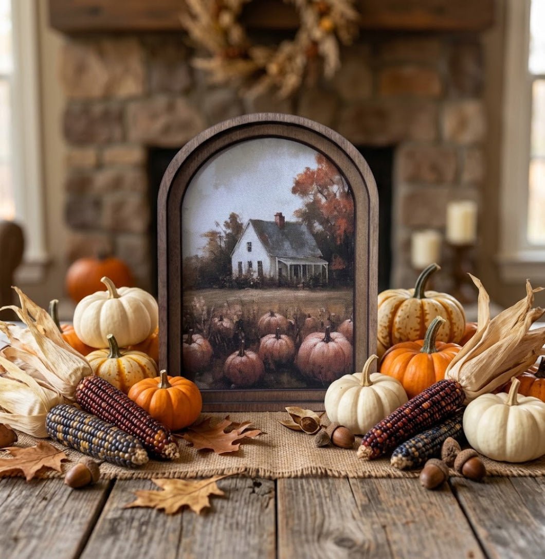 Handcrafted Retro 8" Arch Top Autumn Pumpkin Farmhouse Framed Art - The Primitive Pineapple Collection