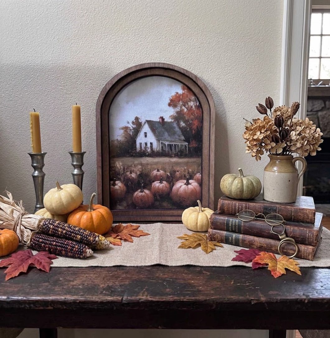 Handcrafted Retro 8" Arch Top Autumn Pumpkin Farmhouse Framed Art - The Primitive Pineapple Collection