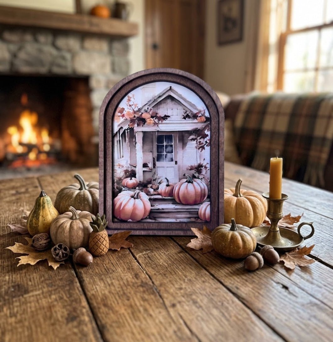 Handcrafted Retro 8" Arch Top Autumn Pumpkin Shed Framed Art - The Primitive Pineapple Collection