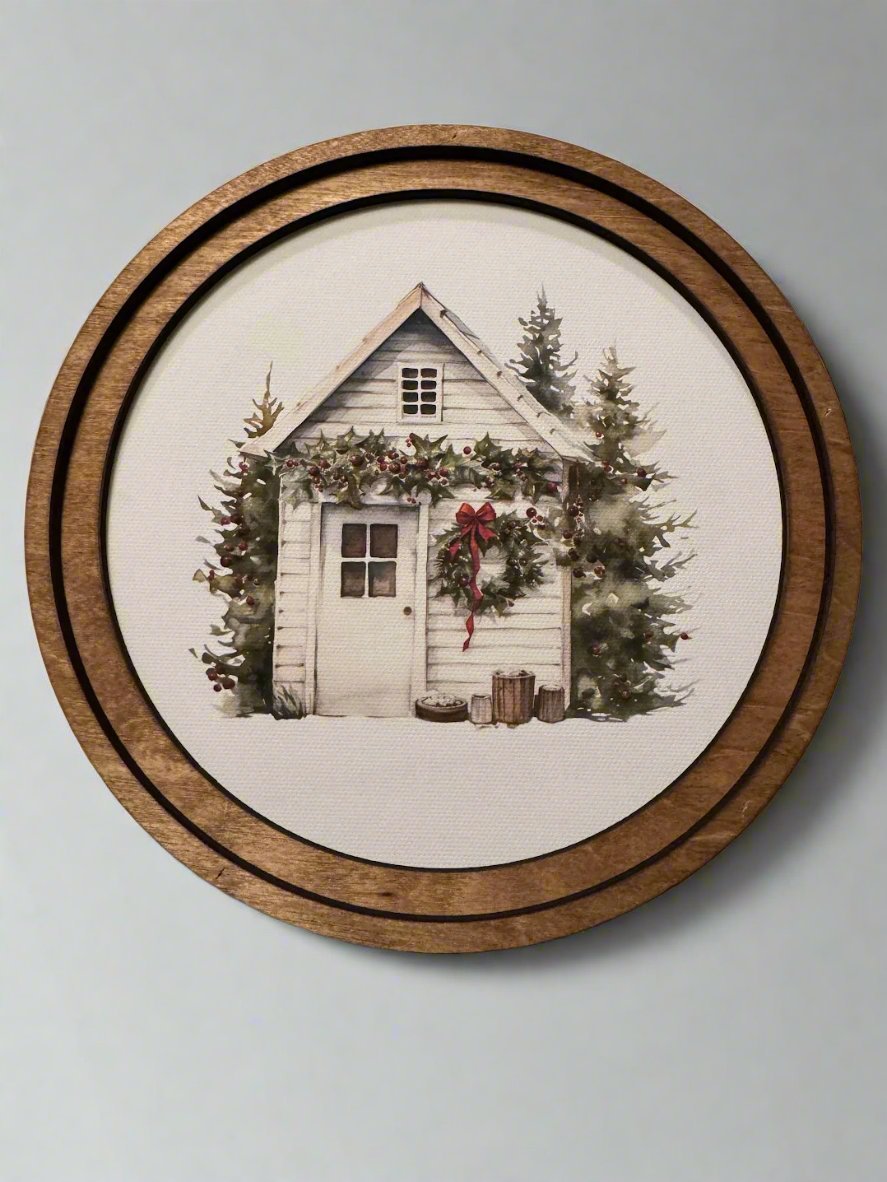 Handcrafted Retro 8" Canvas on Wood Christmas Shed with Holly Framed Art - The Primitive Pineapple Collection
