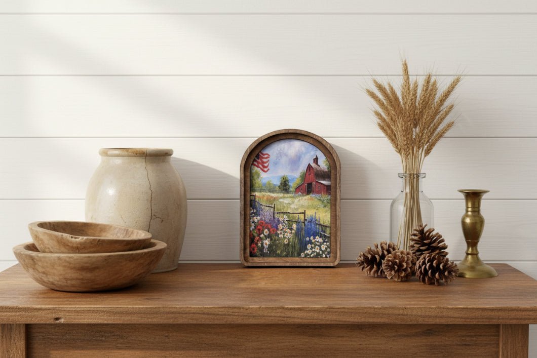 Patriotic Farmhouse Framed Art - Retro Cottage Canvas Wood Arch - 8" - The Primitive Pineapple Collection