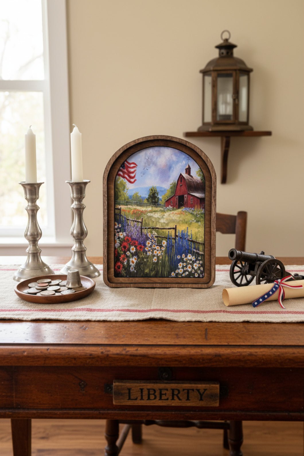 Patriotic Farmhouse Framed Art - Retro Cottage Canvas Wood Arch - 8" - The Primitive Pineapple Collection