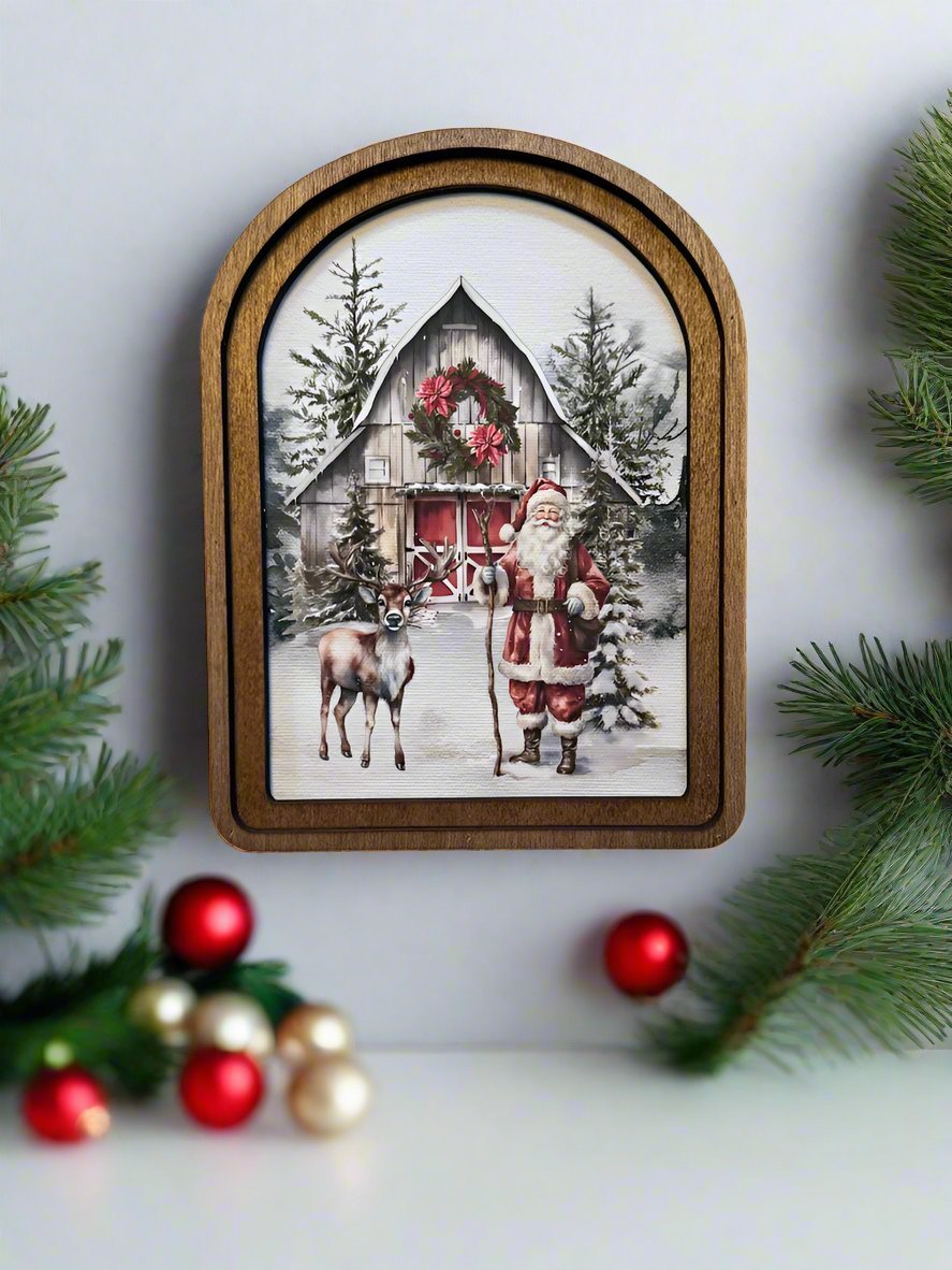 Handcrafted 8" Canvas on Wood Christmas Santa Barn w/ Reindeer Framed Art - The Primitive Pineapple Collection