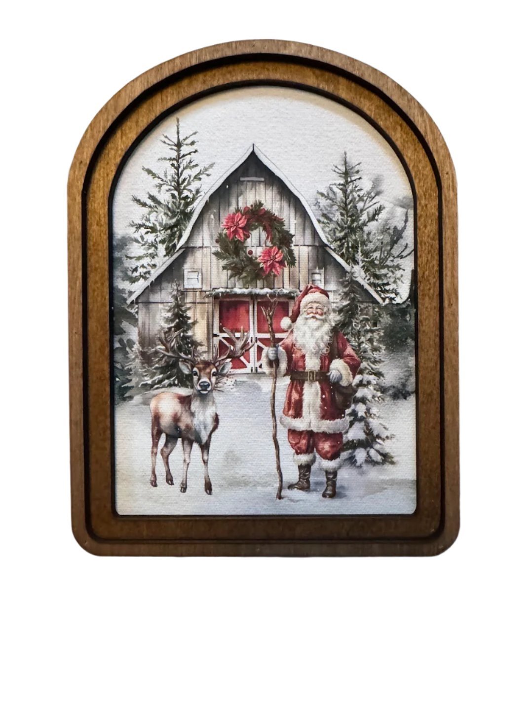 Handcrafted 8" Canvas on Wood Christmas Santa Barn w/ Reindeer Framed Art - The Primitive Pineapple Collection