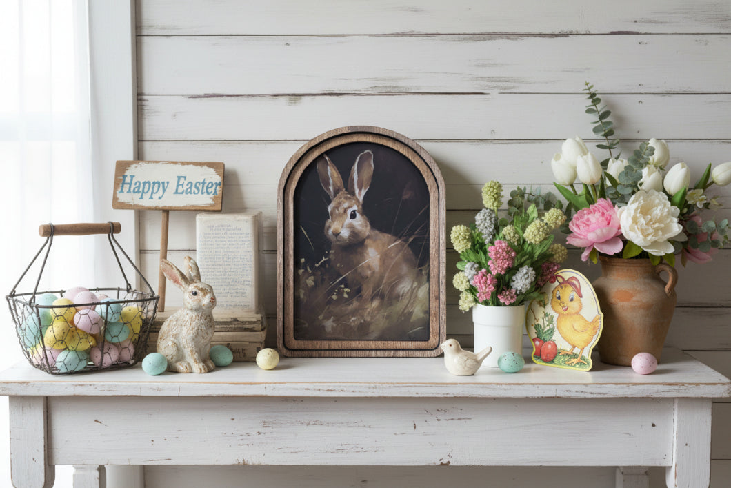 Handcrafted Retro 8" Canvas on Wood Spring Easter Sitting Bunny Framed Art - The Primitive Pineapple Collection