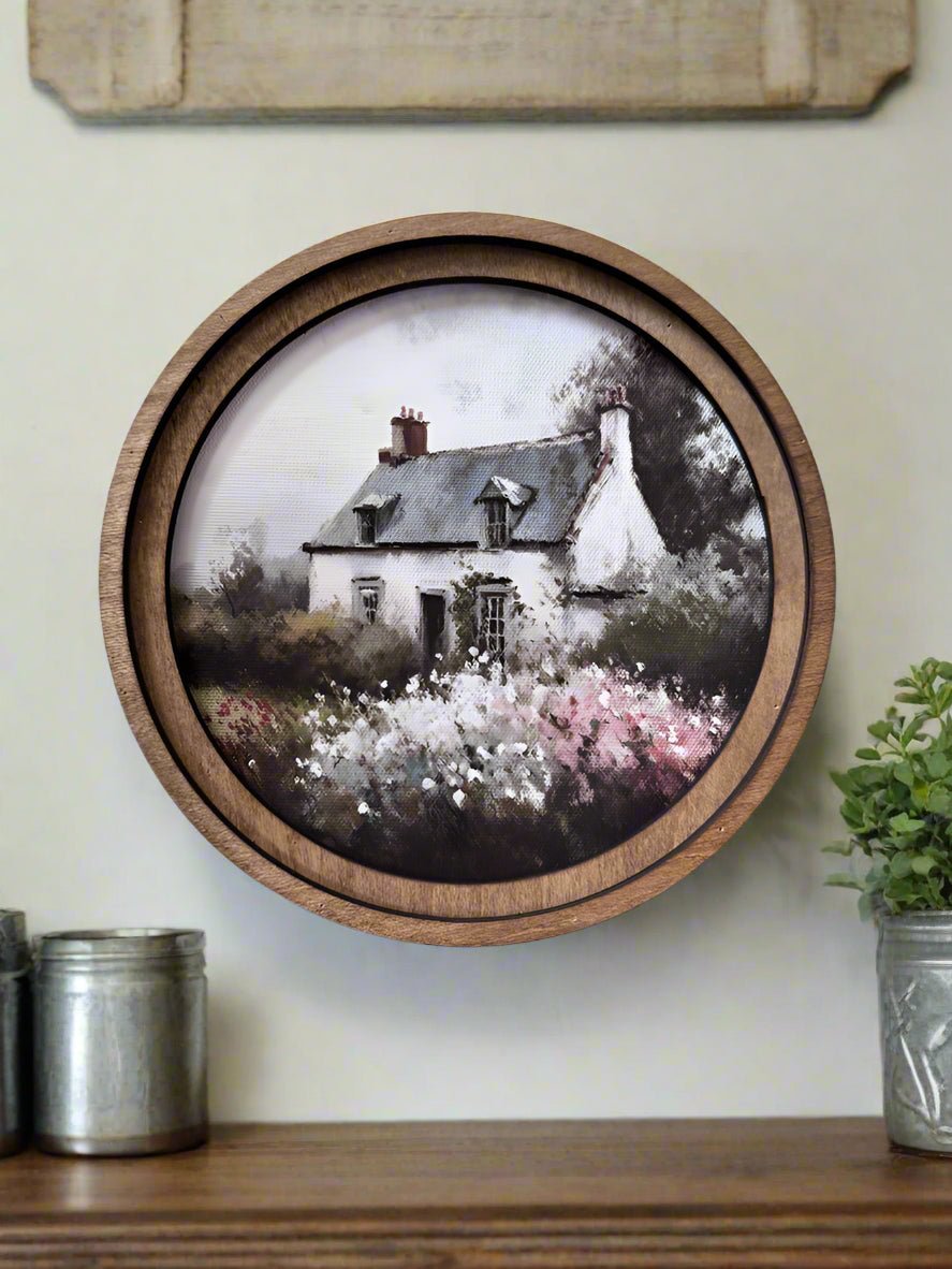 Handcrafted Retro 8" Canvas on Wood Primitive Round Spring Cottage Painting Framed Art - The Primitive Pineapple Collection