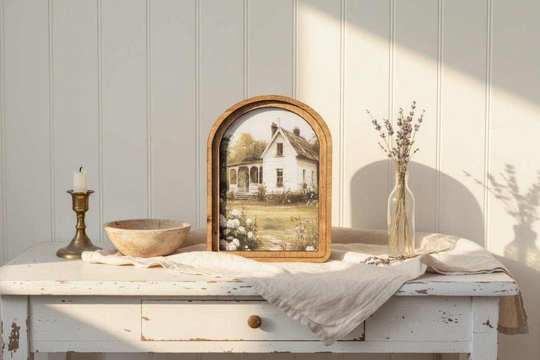 Handcrafted Retro 8" Canvas on Wood Primitive Spring Farmhouse Painting Arched Framed Art - The Primitive Pineapple Collection