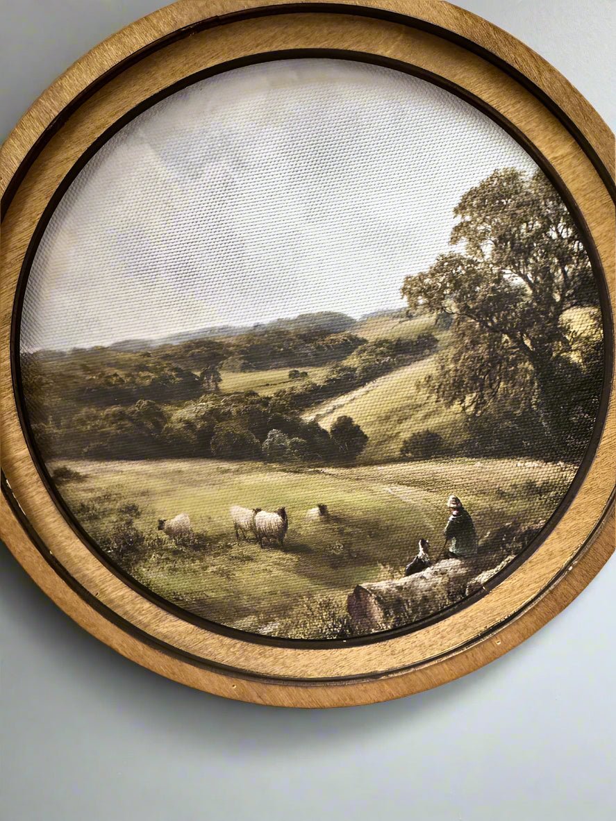 Handcrafted Retro 8" Canvas on Wood Primitive Round Country Sheep Framed Art - The Primitive Pineapple Collection
