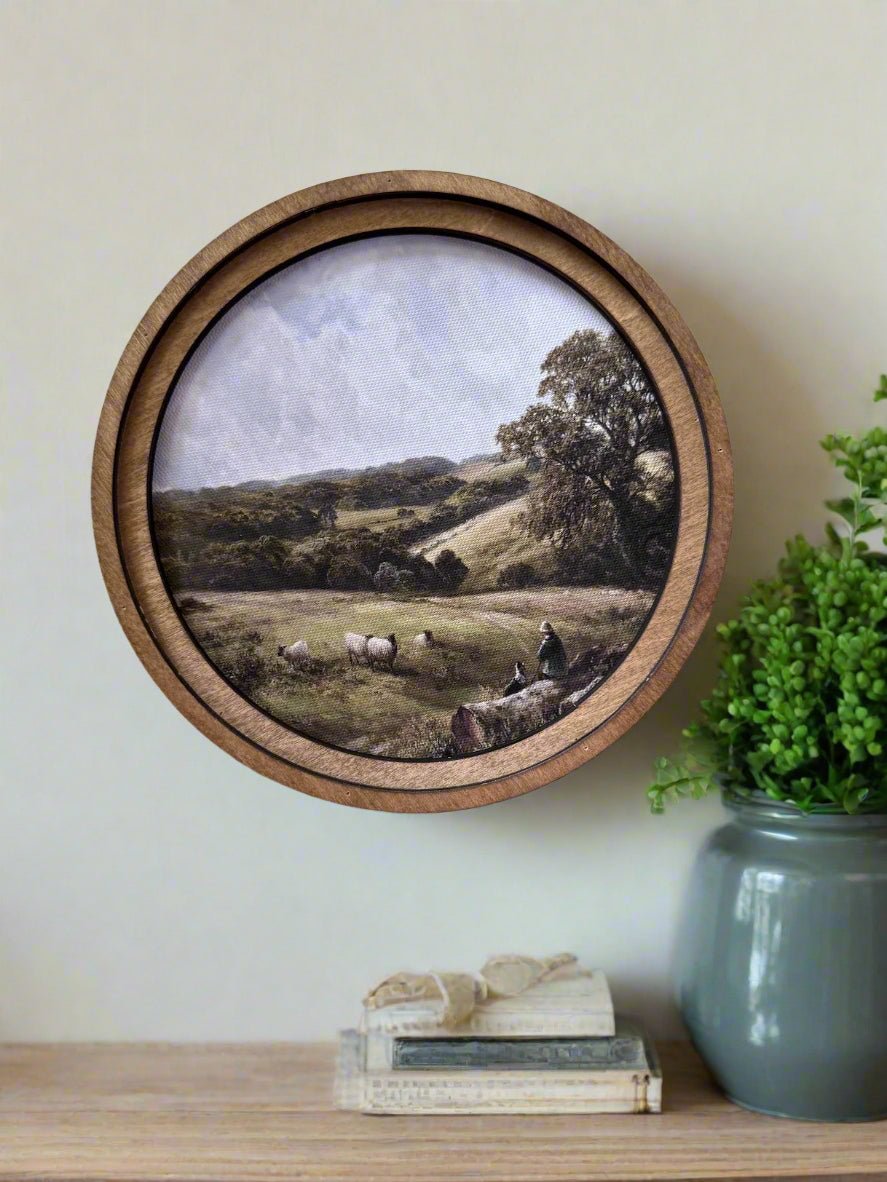 Handcrafted Retro 8" Canvas on Wood Primitive Round Country Sheep Framed Art - The Primitive Pineapple Collection