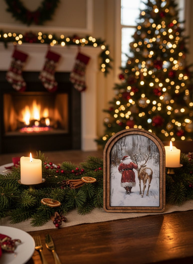 Handcrafted 8" Canvas on Wood Christmas Arch Top Santa With Reindeer Framed Art - The Primitive Pineapple Collection