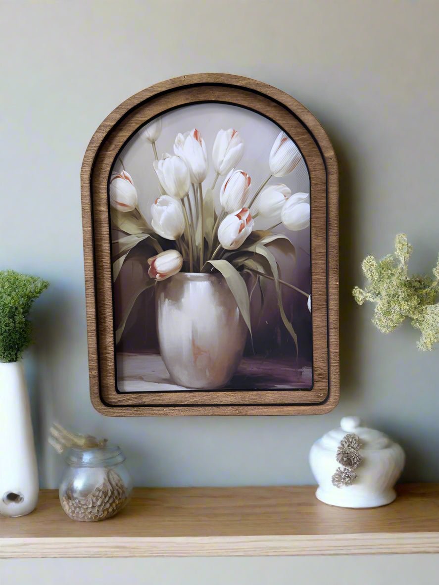 Handcrafted Retro 8" Canvas on Wood Spring Tulips Framed Art - The Primitive Pineapple Collection