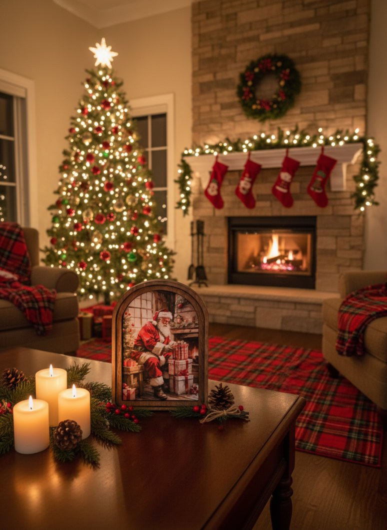 Handcrafted 8" Canvas on Wood Christmas Arch Top Santa With Gifts Framed Art - The Primitive Pineapple Collection