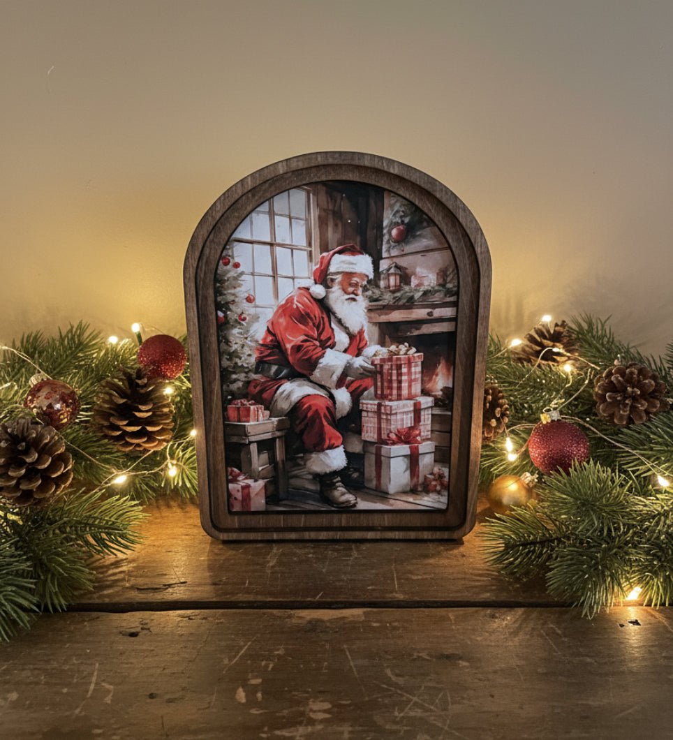 Handcrafted 8" Canvas on Wood Christmas Arch Top Santa With Gifts Framed Art - The Primitive Pineapple Collection