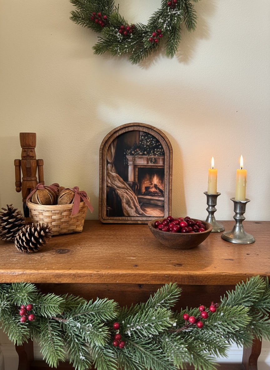 Handcrafted 8" Canvas on Wood Christmas Arch Top Holiday Mantel Framed Art - The Primitive Pineapple Collection