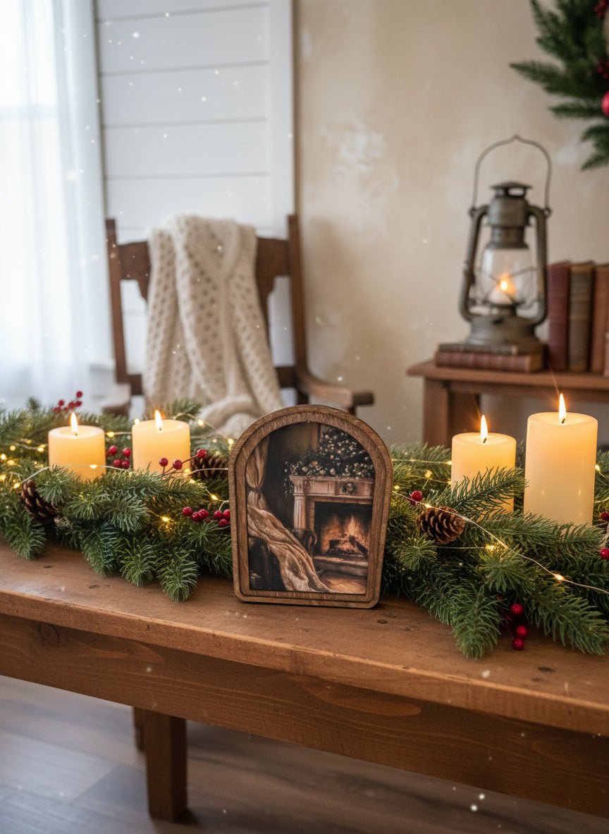 Handcrafted 8" Canvas on Wood Christmas Arch Top Holiday Mantel Framed Art - The Primitive Pineapple Collection