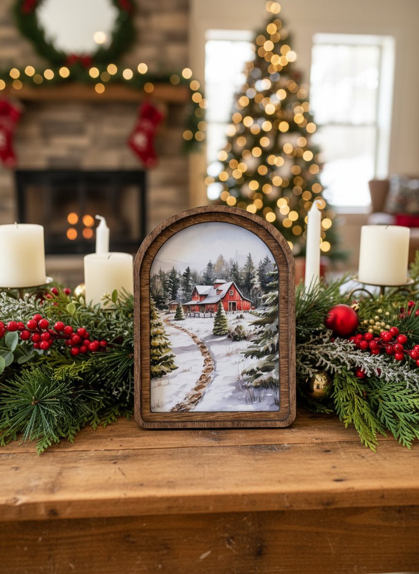 Handcrafted 8" Canvas on Wood Christmas Arch Top Christmas Tree Farm Barn Framed Art - The Primitive Pineapple Collection