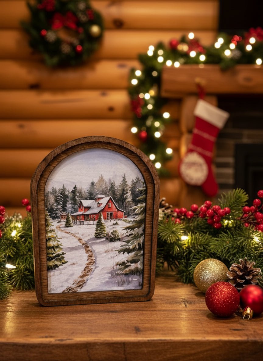 Handcrafted 8" Canvas on Wood Christmas Arch Top Christmas Tree Farm Barn Framed Art - The Primitive Pineapple Collection