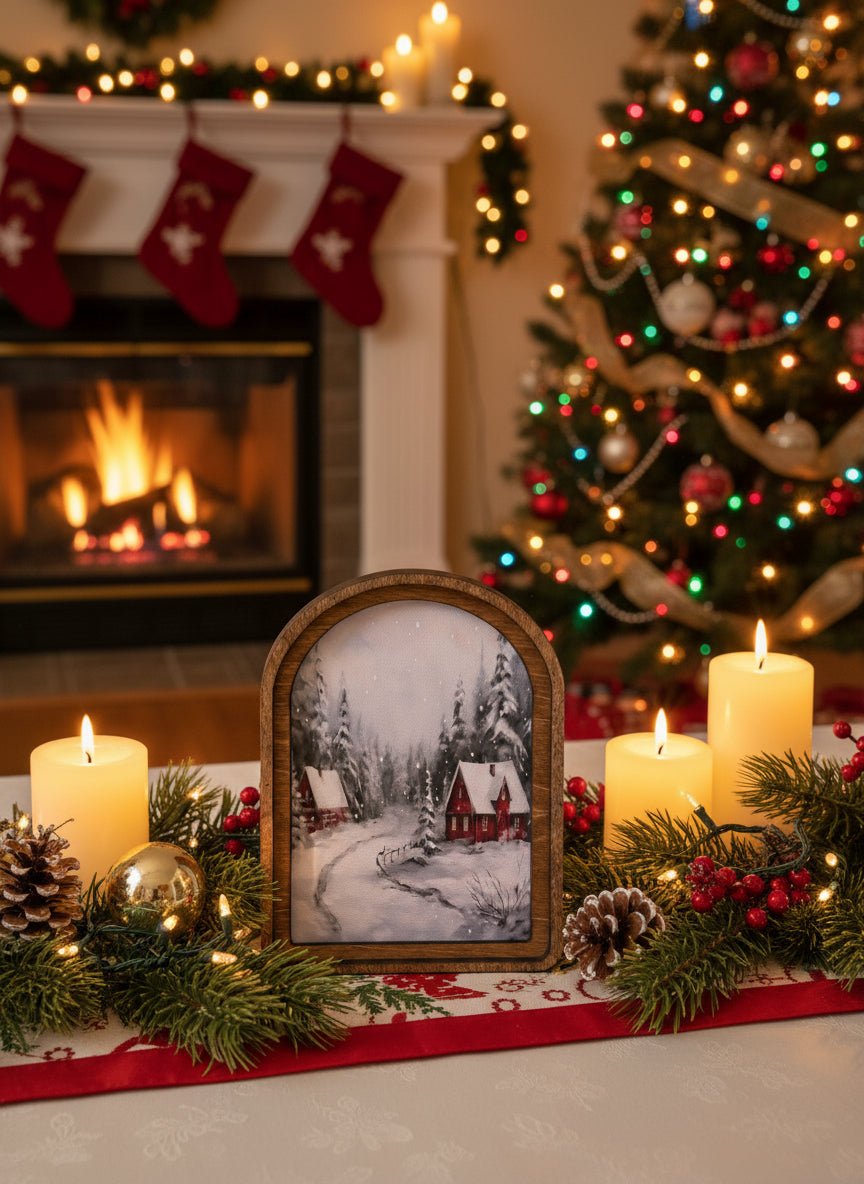 Handcrafted 8" Canvas on Wood Christmas Arch Top Snowy Red Cabins Framed Art - The Primitive Pineapple Collection