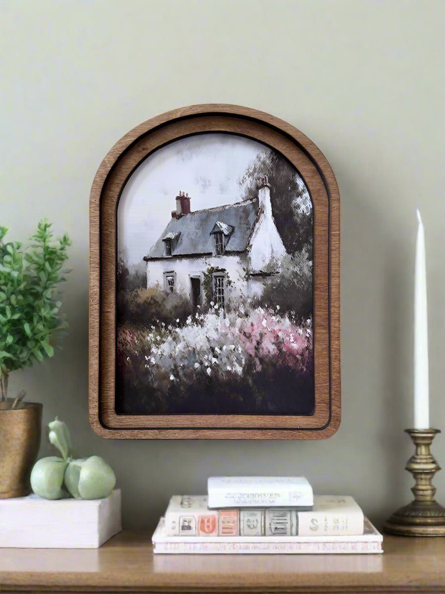 Handcrafted Retro 8" Canvas on Wood Primitive Round Spring Cottage Painting Arched Framed Art - The Primitive Pineapple Collection
