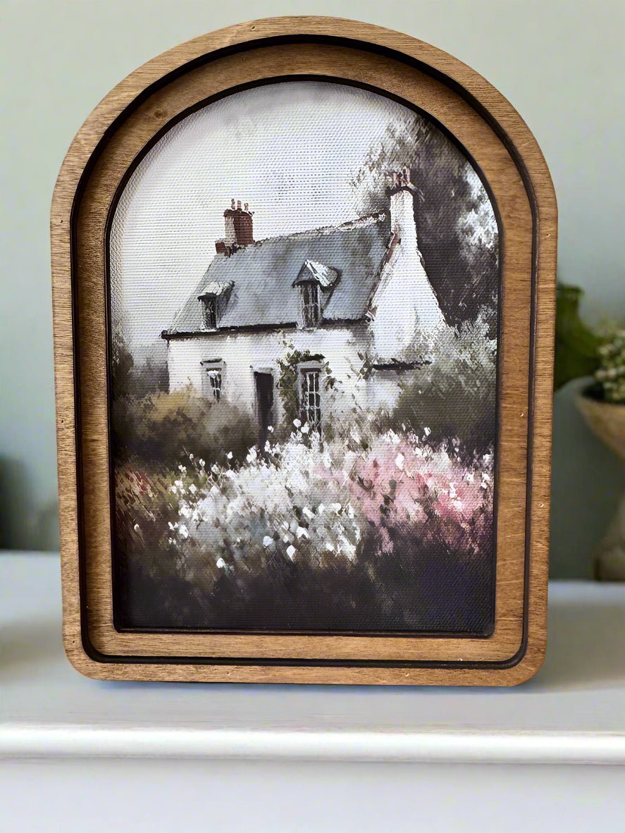 Handcrafted Retro 8" Canvas on Wood Primitive Round Spring Cottage Painting Arched Framed Art - The Primitive Pineapple Collection