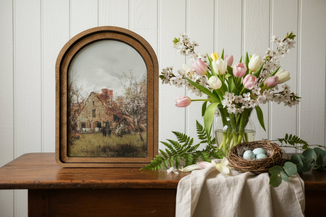 Handcrafted Retro 8" Canvas on Wood Arch Top French Cottage Framed Art - The Primitive Pineapple Collection