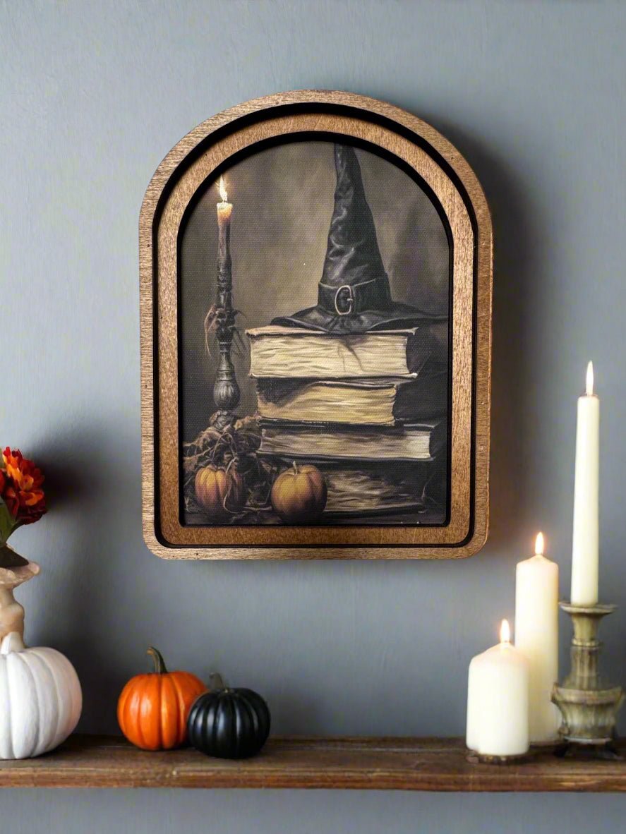 Handcrafted Retro 8" Canvas on Wood Arch Top Halloween Witch Hat w/ Books Framed Art - The Primitive Pineapple Collection