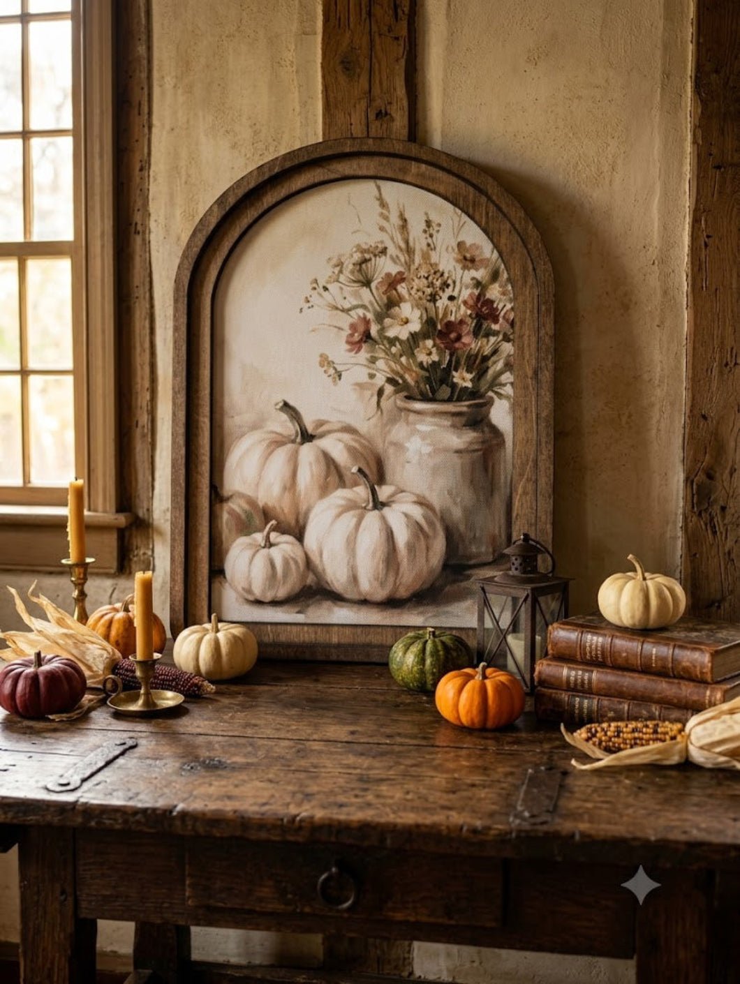 Handcrafted Retro 8" Arch Top Fall Cream Pumpkins Framed Art - The Primitive Pineapple Collection