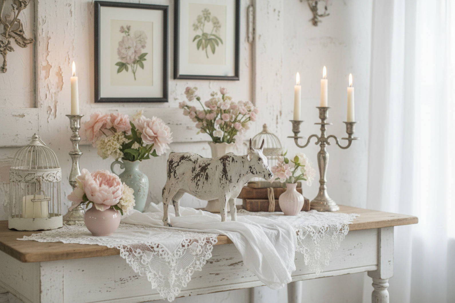 Primitive Ragon House Distressed Look 9" Cream Table Top Cow Figurine - The Primitive Pineapple Collection