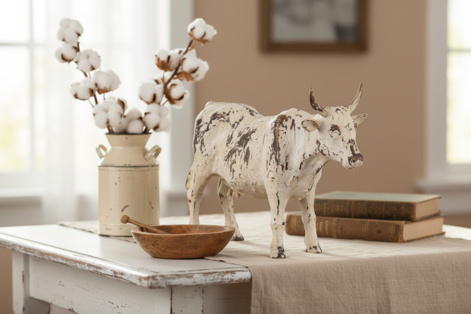 Primitive Ragon House Distressed Look 9" Cream Table Top Cow Figurine - The Primitive Pineapple Collection