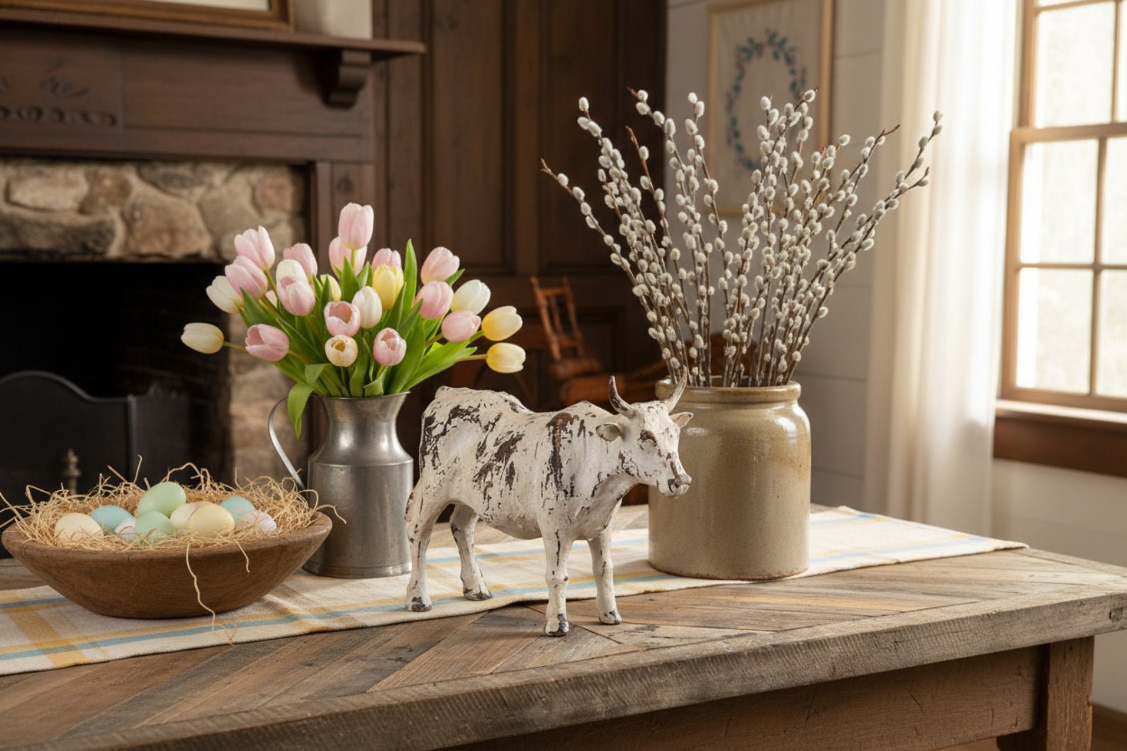 Primitive Ragon House Spring Distressed Look 9" Cream Table Top Cow Figurine - The Primitive Pineapple Collection