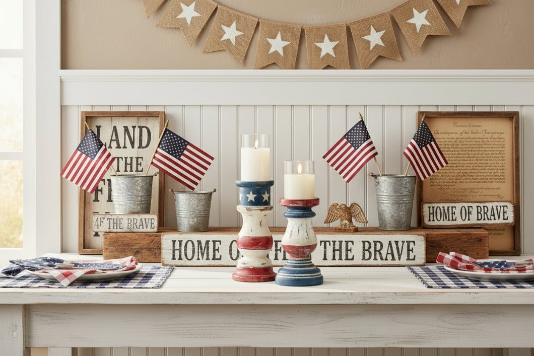 Farmhouse Ragon House 8.25" Patriotic Distressed Wood Pillar Candle Holder - The Primitive Pineapple Collection