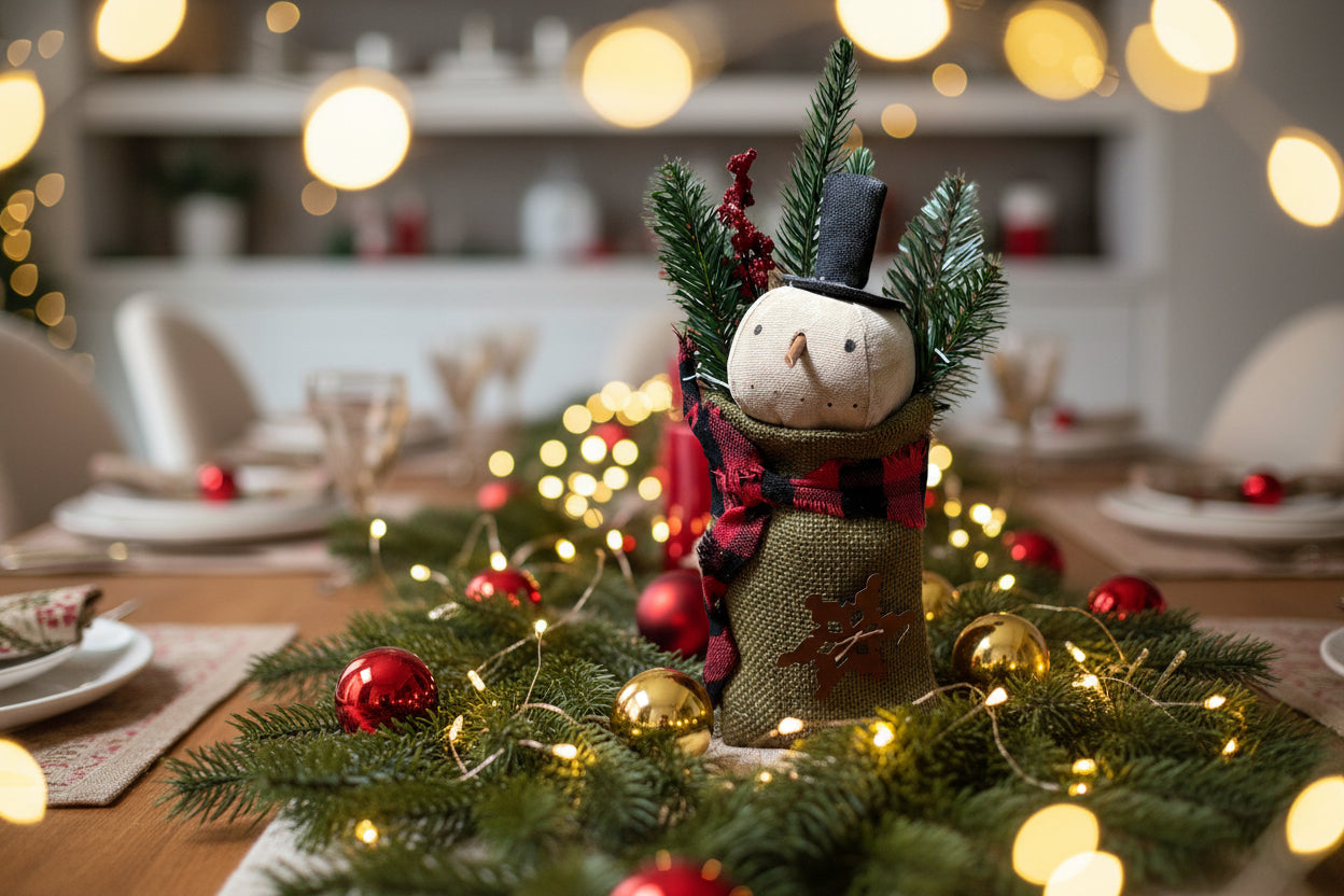Primitive Handcrafted Christmas 9" Snowman Head in Green Burlap Bag - The Primitive Pineapple Collection