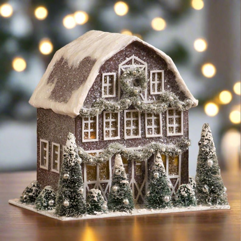 Primitive Christmas Ragon House 8"Light up Putz Red Snowy Barn - The Primitive Pineapple Collection