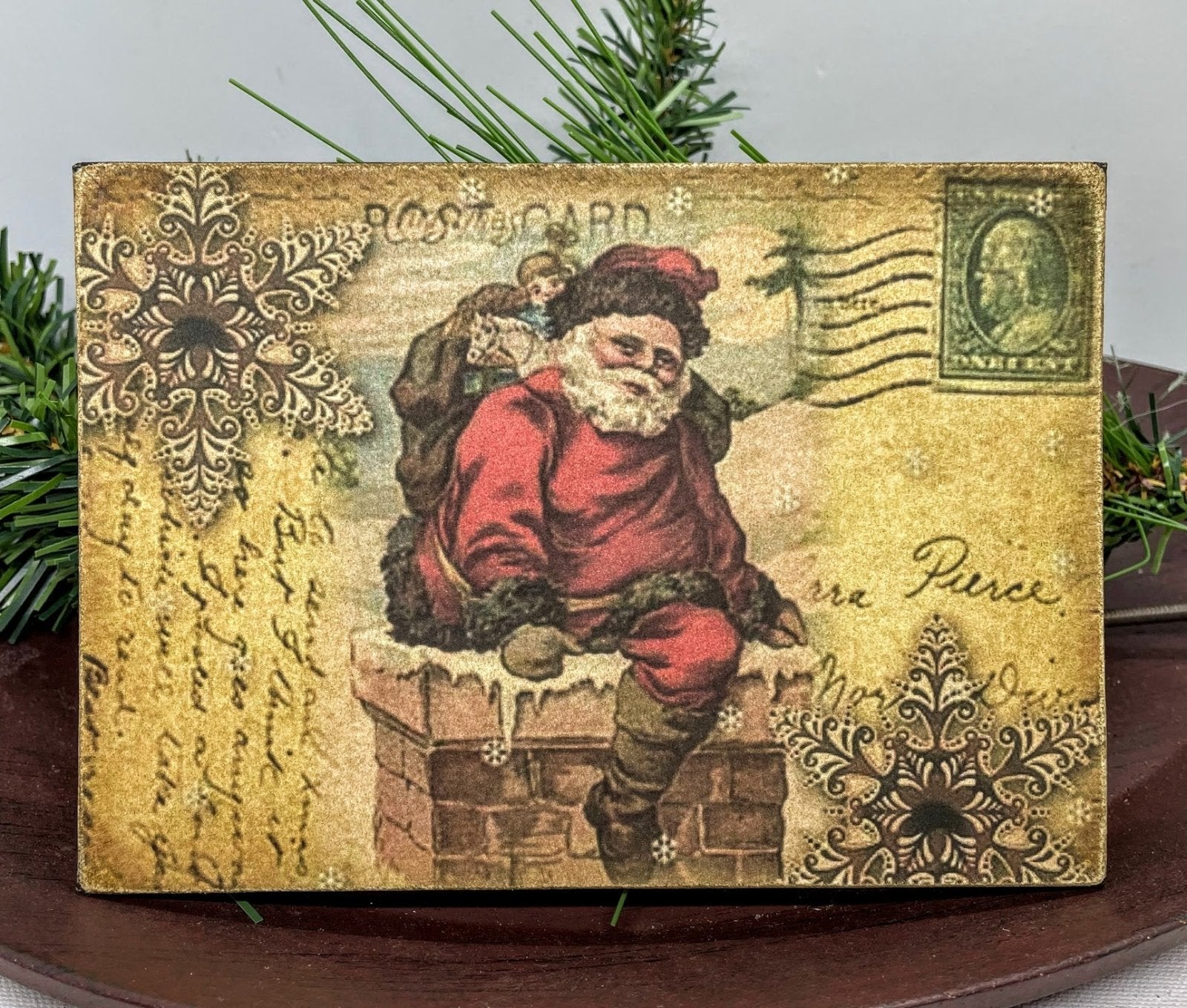Christmas Handmade Vintage Postcard 5”x7 Canvas Plaque Santa Going Down Chimney - The Primitive Pineapple Collection