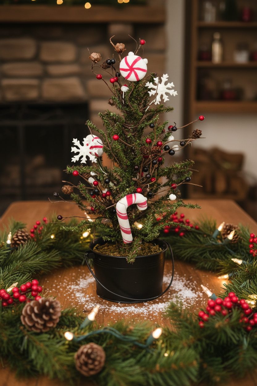 Rustic Christmas 18" Candy Shop Tree with Berries in Pail - The Primitive Pineapple Collection