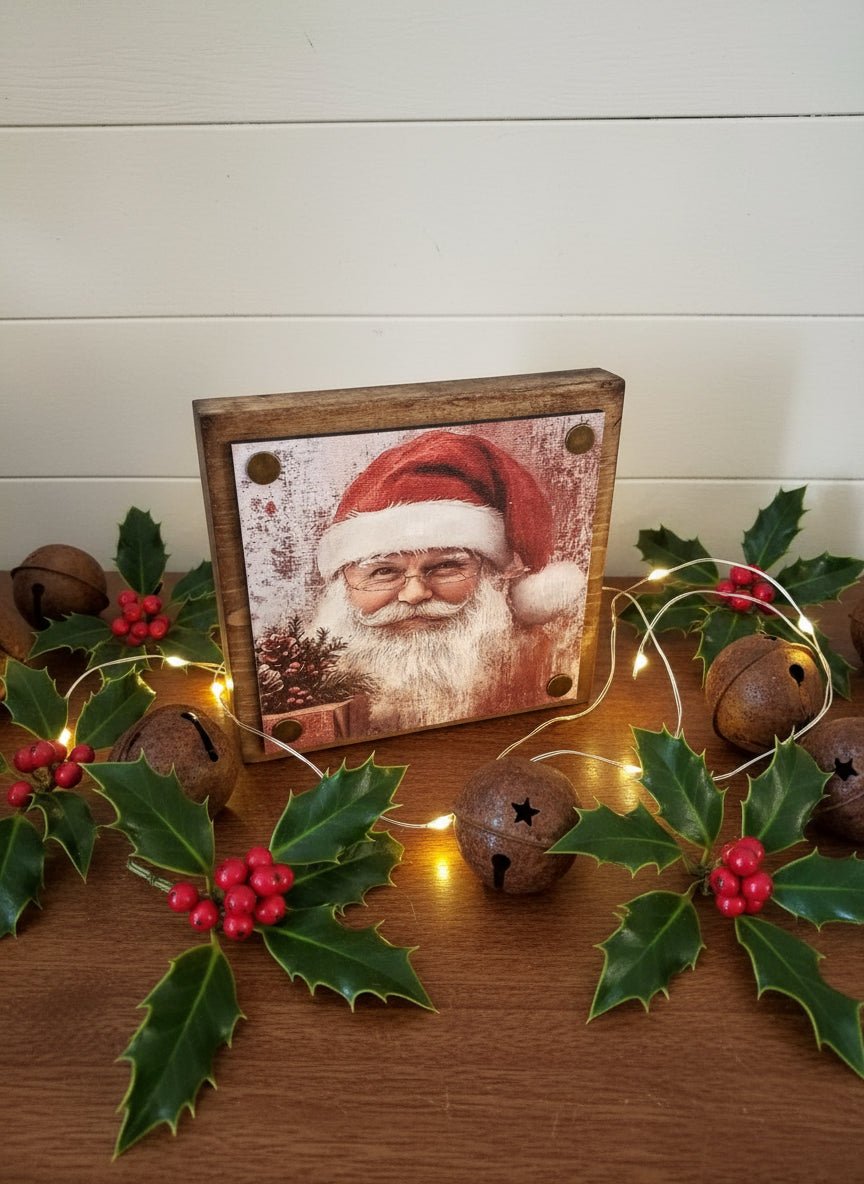 Primitive Handcrafted Christmas 6" Jolly Santa Block Shelf Sitter - The Primitive Pineapple Collection