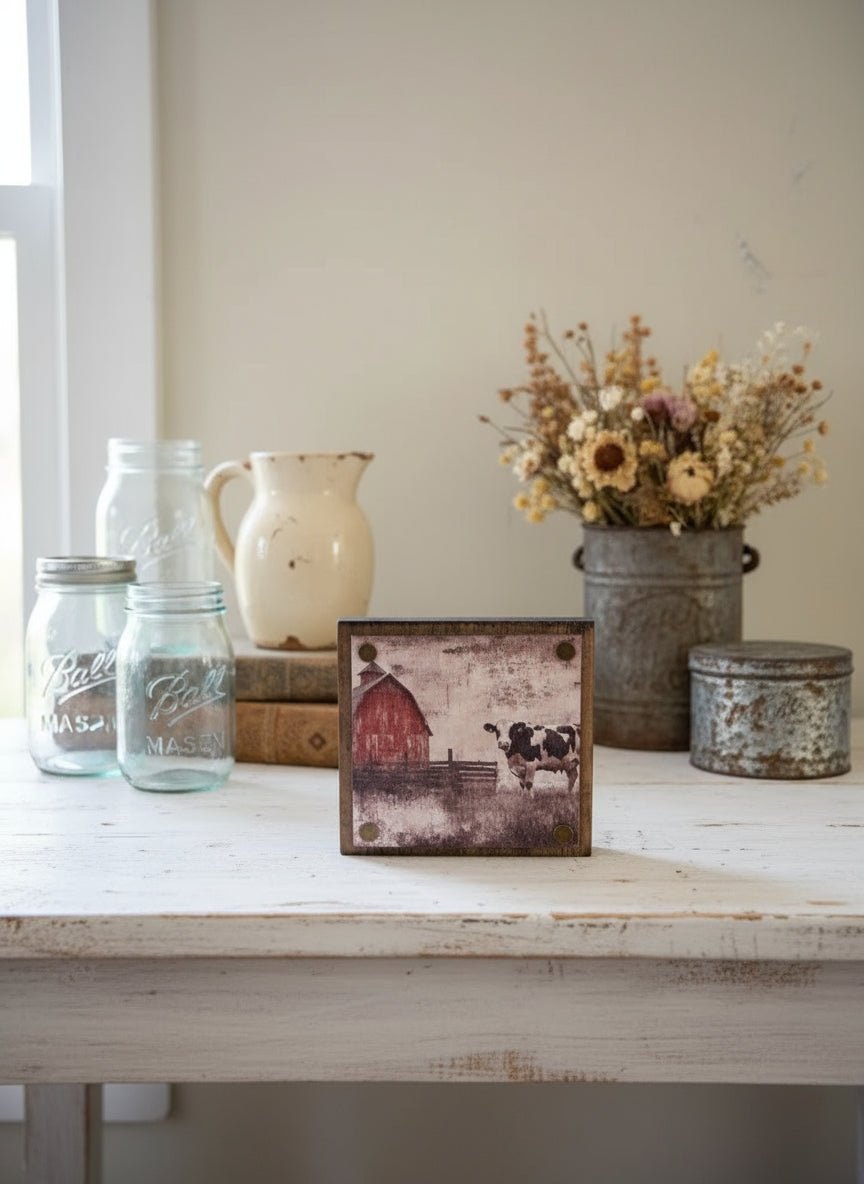 Primitive Handcrafted 6" Red Barn w/Cow Block Shelf Sitter - The Primitive Pineapple Collection