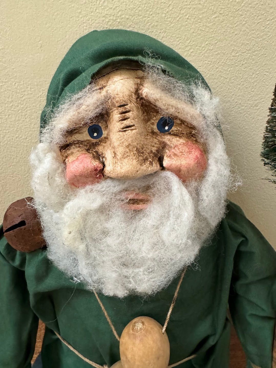 Primitive Handcrafted USA Christmas Sculpted Clay Green Santa Doll w/ Gourd 17" - The Primitive Pineapple Collection