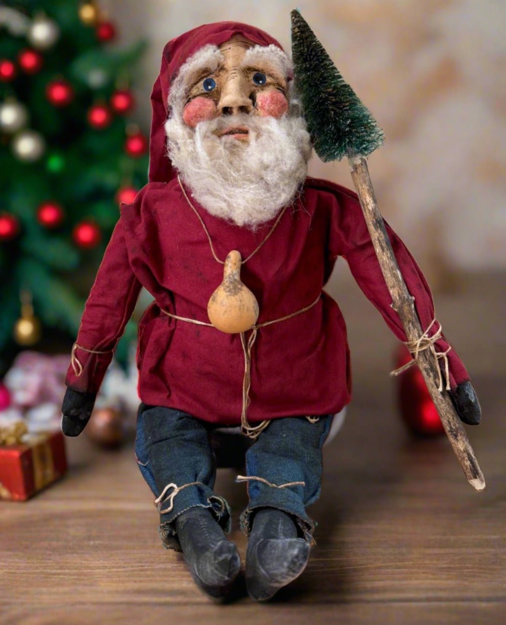 Primitive Handcrafted USA Christmas Sculpted Clay Red Santa Doll 17" - The Primitive Pineapple Collection