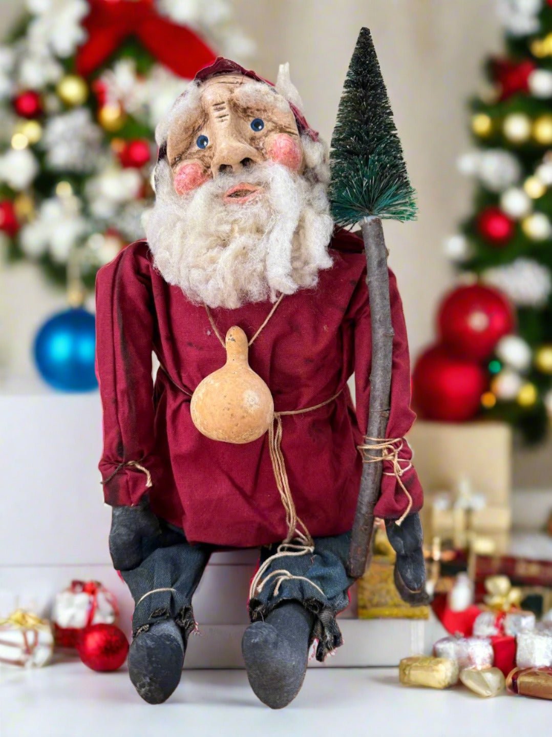 Primitive Handcrafted USA Christmas Sculpted Clay Red Santa Doll w/ Gourd 17" - The Primitive Pineapple Collection