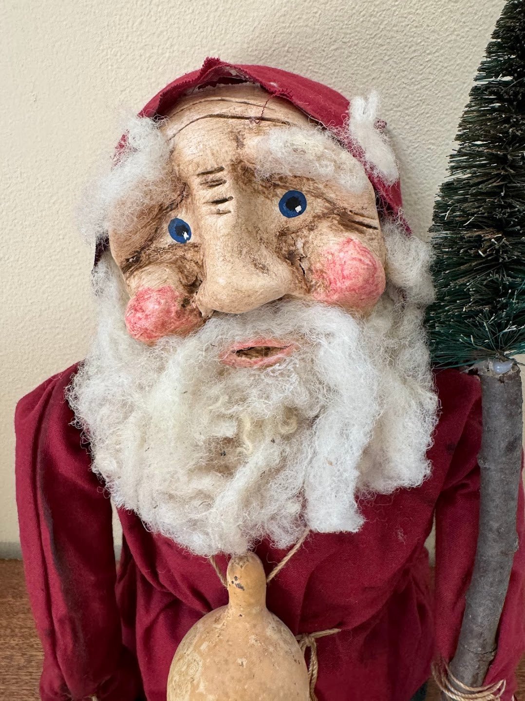 Primitive Handcrafted USA Christmas Sculpted Clay Red Santa Doll w/ Gourd 17" - The Primitive Pineapple Collection