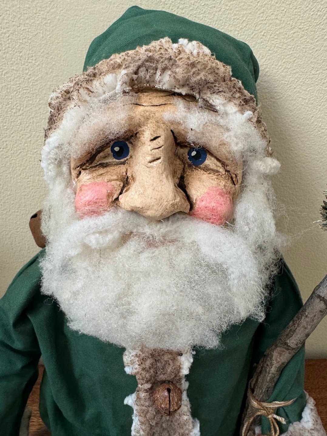Primitive Handcrafted USA Christmas Sculpted Clay Grungy Green Santa Doll 17" - The Primitive Pineapple Collection