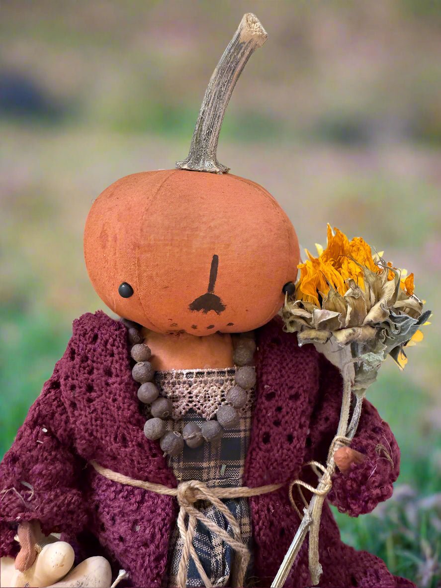 Primitive Handcrafted Pumpkin Doll Amy w/ Gourd 12" - The Primitive Pineapple Collection