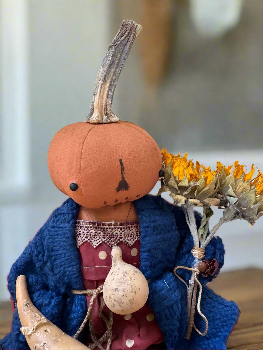 Primitive Handcrafted Pumpkin Doll Emma w/ Gourd 12" - The Primitive Pineapple Collection
