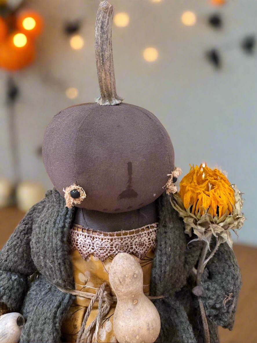 Primitive Handcrafted Pumpkin Doll Gail w/ Gourd 12" - The Primitive Pineapple Collection