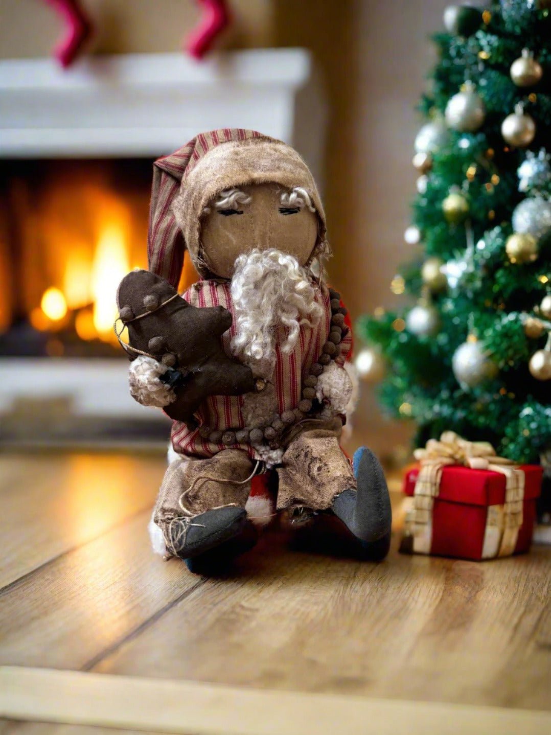 Primitive Handcrafted USA Red Ticking Santa Claus Doll w/ Gingerbread 12" - The Primitive Pineapple Collection