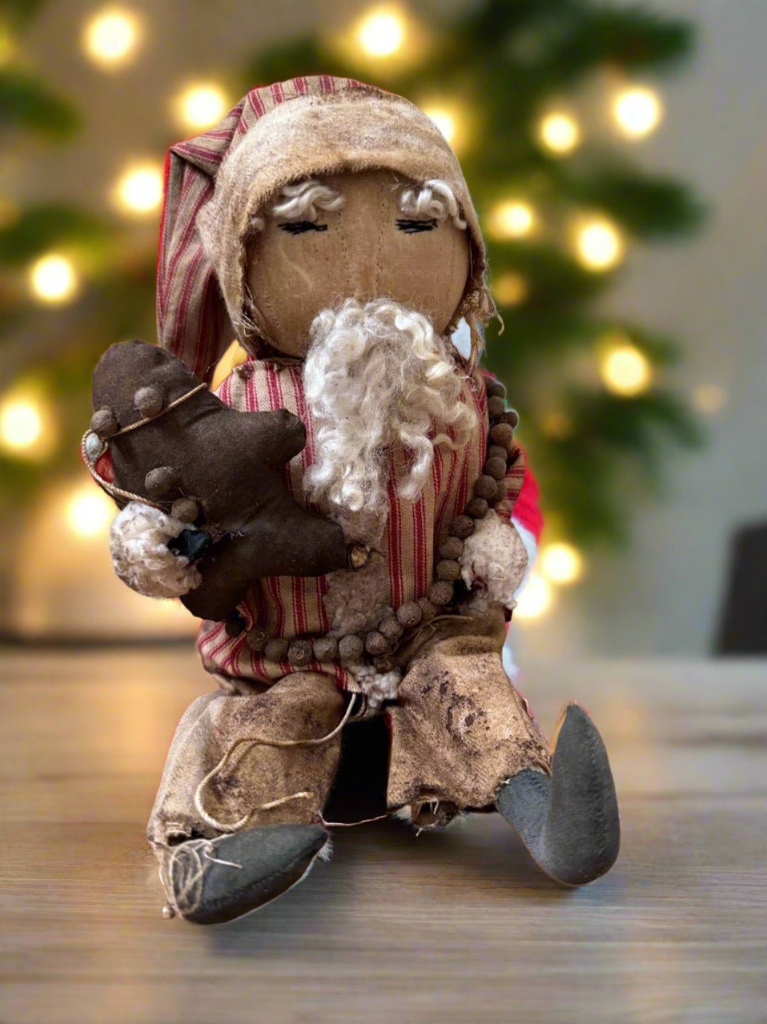 Primitive Handcrafted USA Red Ticking Santa Claus Doll w/ Gingerbread 12" - The Primitive Pineapple Collection