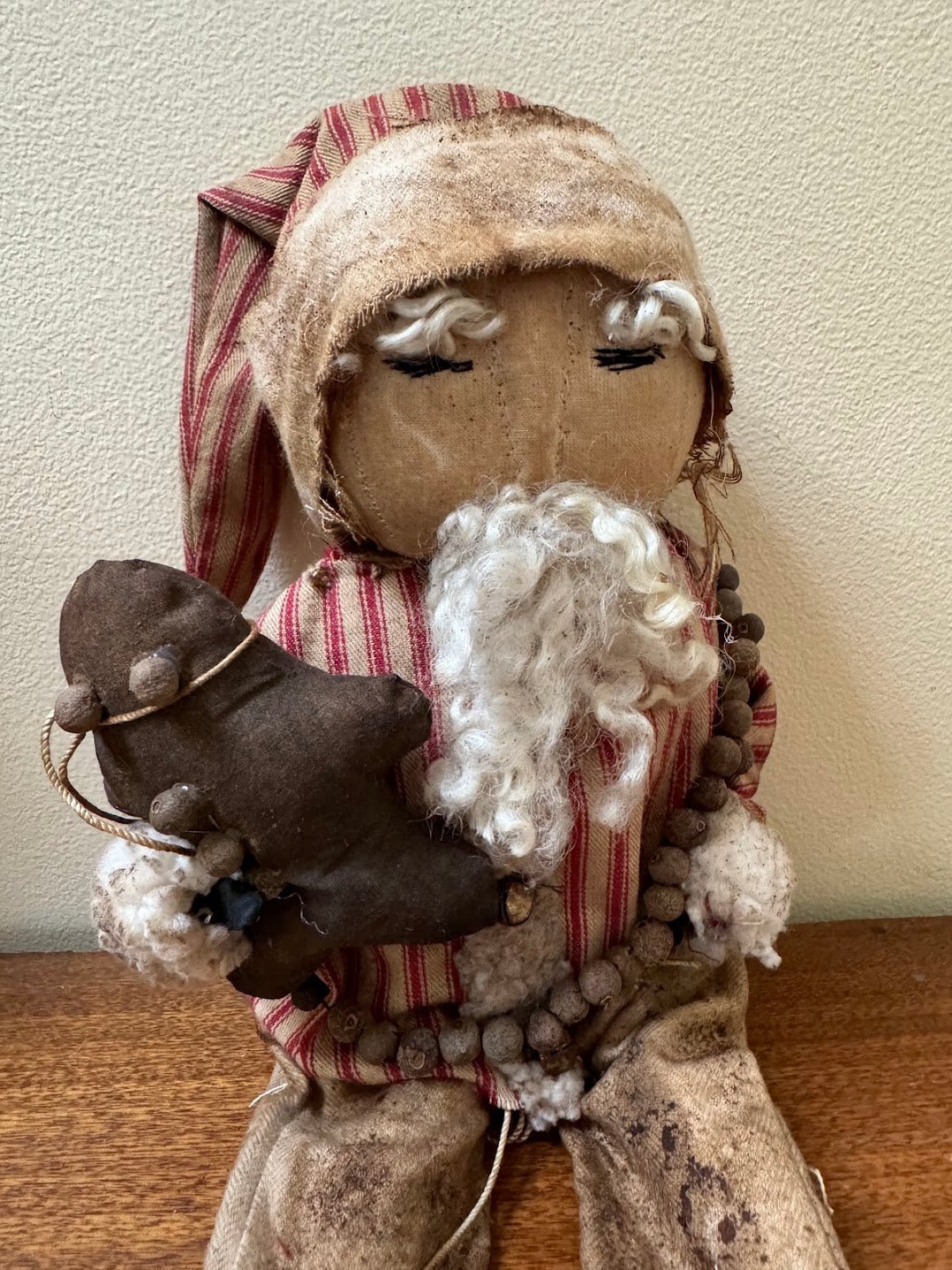Primitive Handcrafted USA Red Ticking Santa Claus Doll w/ Gingerbread 12" - The Primitive Pineapple Collection