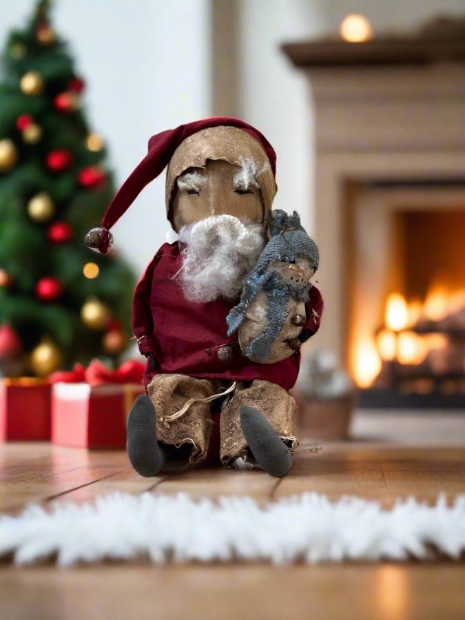Primitive Handcrafted USA Santa Claus Doll w/ Snowman 12" - The Primitive Pineapple Collection