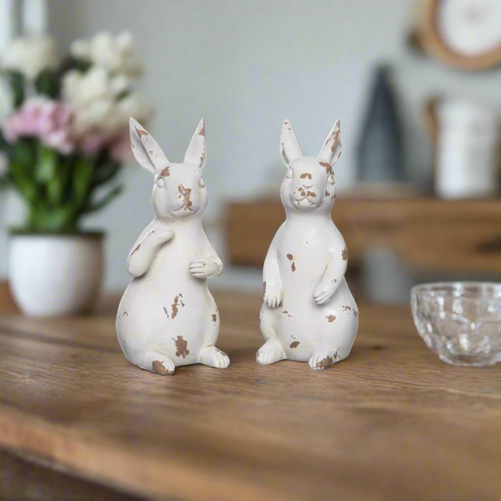 Primitive Farmhouse 5” Spring Rustic White Bunnies 2 pc - The Primitive Pineapple Collection
